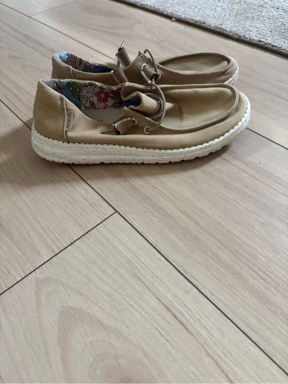 Hey Dude Tan Canvas Slip-On Sneakers with Floral Inner Lining